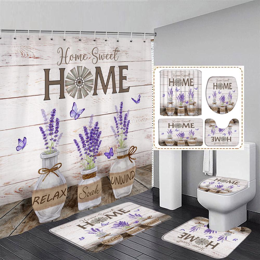 Rustic Wood Plank Sunflower Shower Curtain Set Butterfly Yellow Floral Plant Home Bathroom Decor Rug Bath Mats Toilet Lid Cover