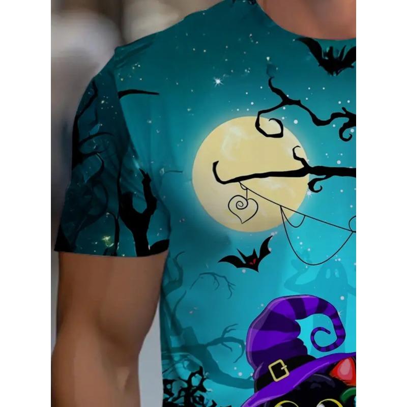 Men's Halloween Pattern Printed T-shirt Sports Short Sleeved Crew Neck T-shirt for Summer Outdoor Fitness Workout Men's Clothing