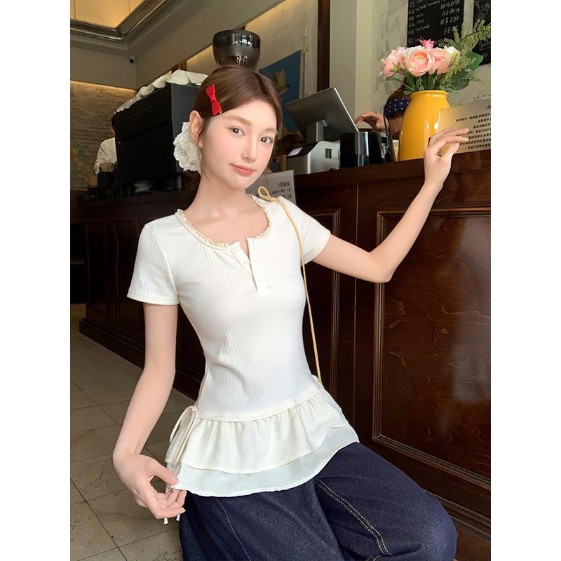 Summer lace splicing under the shoulder covering meat and thin top ins sweet versatile bottom short-sleeved T-shirt women