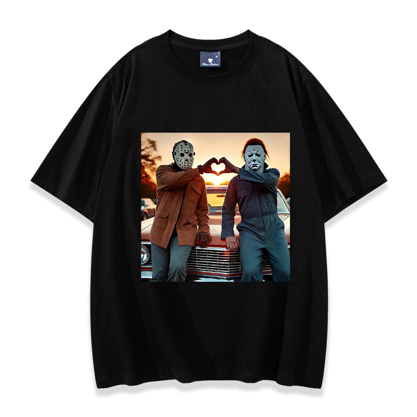 Michael Myers und Jason Voorhees Shirt Horrorfilmfiguren Shirt Gruselige Saison T-Shirts Lustiges Halloween Party Shirt Unisex M black