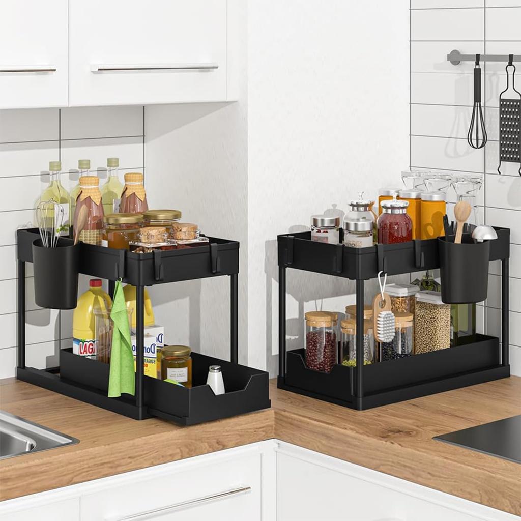 White Double-Layer Drawer Storage Rack, Multifunctional Storage Box with Hooks for Kitchen and Bathroom Countertop Sink Storage