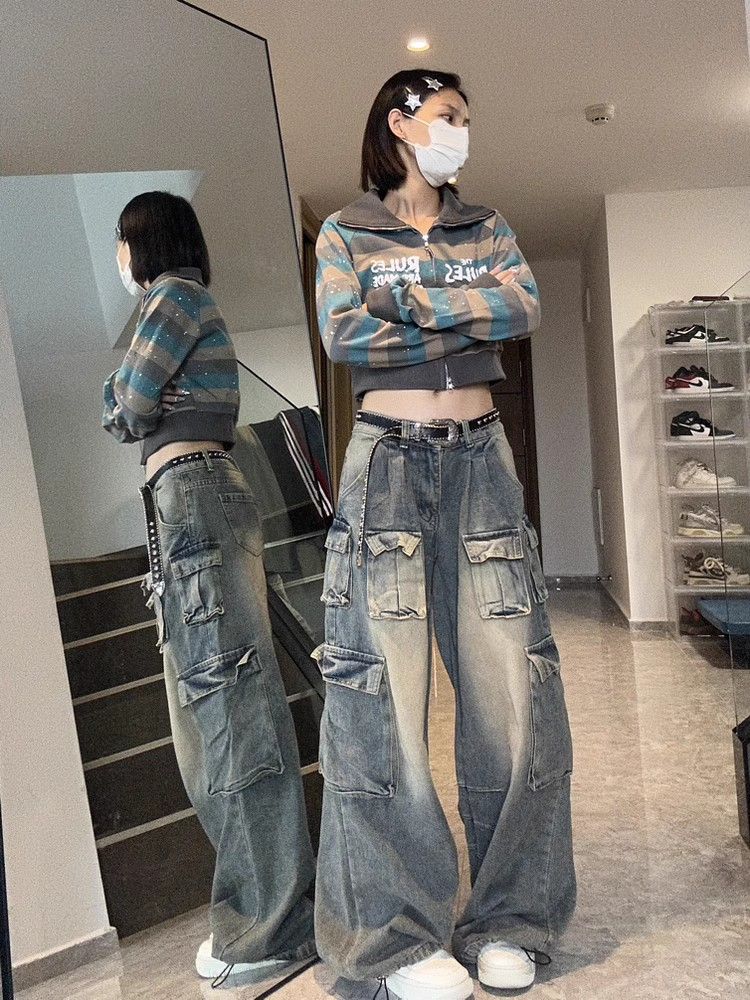 Harajuku 90. léta Y2k Vintage Baggy Jeans Ženy Grunge Prané Více kapes Džínové Cargo Kalhoty Nízký růst Ležérní široké kalhoty