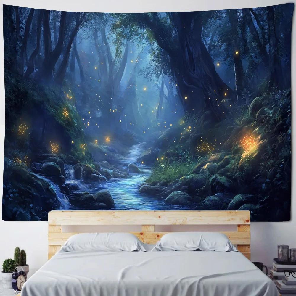 Firefly Forest Dreamy Landscape Tapestry Hippie Starry Sky Wall Hanging Cloth Aesthetic Home Art Decoration Poster