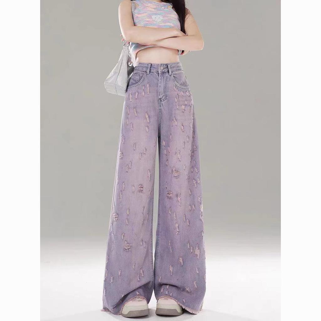 Damen Sommer High-Waist Wide-Leg Jeans - Rosa Lila Distressed Ausgefranster Saum, Fließende Bodenlange Denimhose