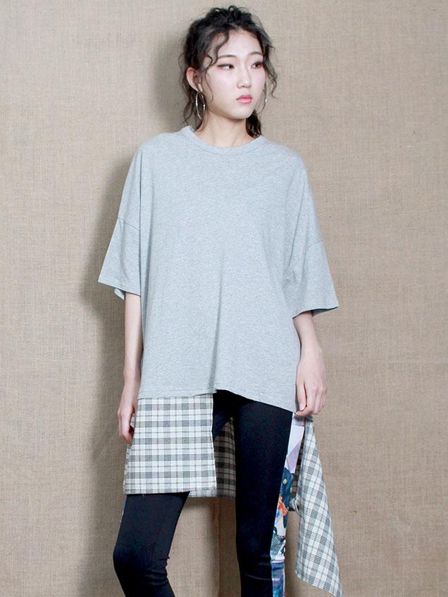 Deumakeu Unisex Pin Check Lab Short Sleeve Oversized T-Shirt Gray