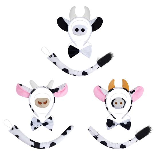 Cow Ears Hair Hoop Set with Bendable Tail Adults Teens Farm Animal Costume Set Black White Cow Accessories