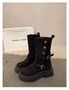 Women's Long Boots 2025 Spring New Style Fashionable Two-piece Lapel Mid Leg Boots Retro Versatile Thick Soled Motorcycle Boots