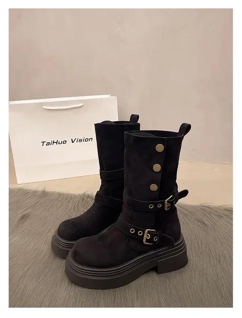 Women's Long Boots 2025 Spring New Style Fashionable Two-piece Lapel Mid Leg Boots Retro Versatile Thick Soled Motorcycle Boots