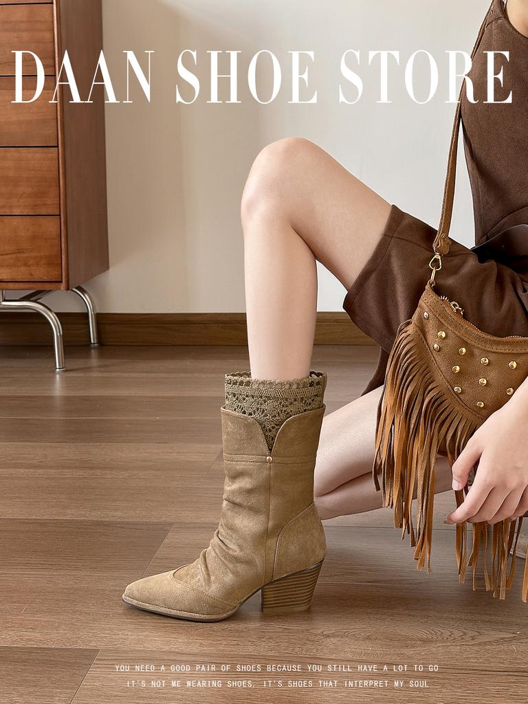 Retro pointed lace brown Maillard boots 2025 autumn and winter temperament versatile thick-soled thick-heeled knight boots women