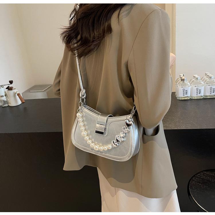 Retro Rote Perlenbesetzte Kleine Tasche für Damen Neue Einfache Einzelne Schulter Unterarmtaschen Mode Hochzeit Handtasche Pendler Umhängetasche