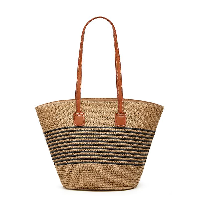 

Women s bag new simple and fashionable straw bag large capacity underarm shoulder hollow woven beach bag striped contrasting color bag