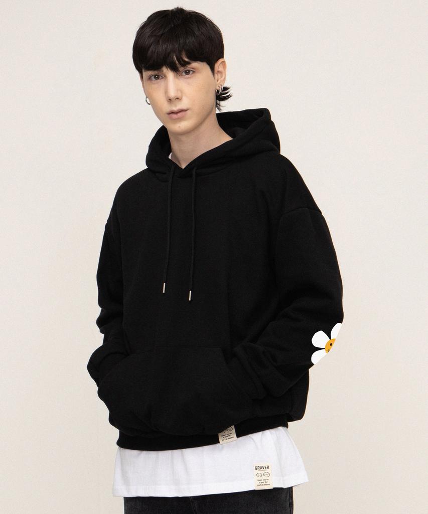 [Unisex] Elbow Flower Dot One-Point Hoodie_Black