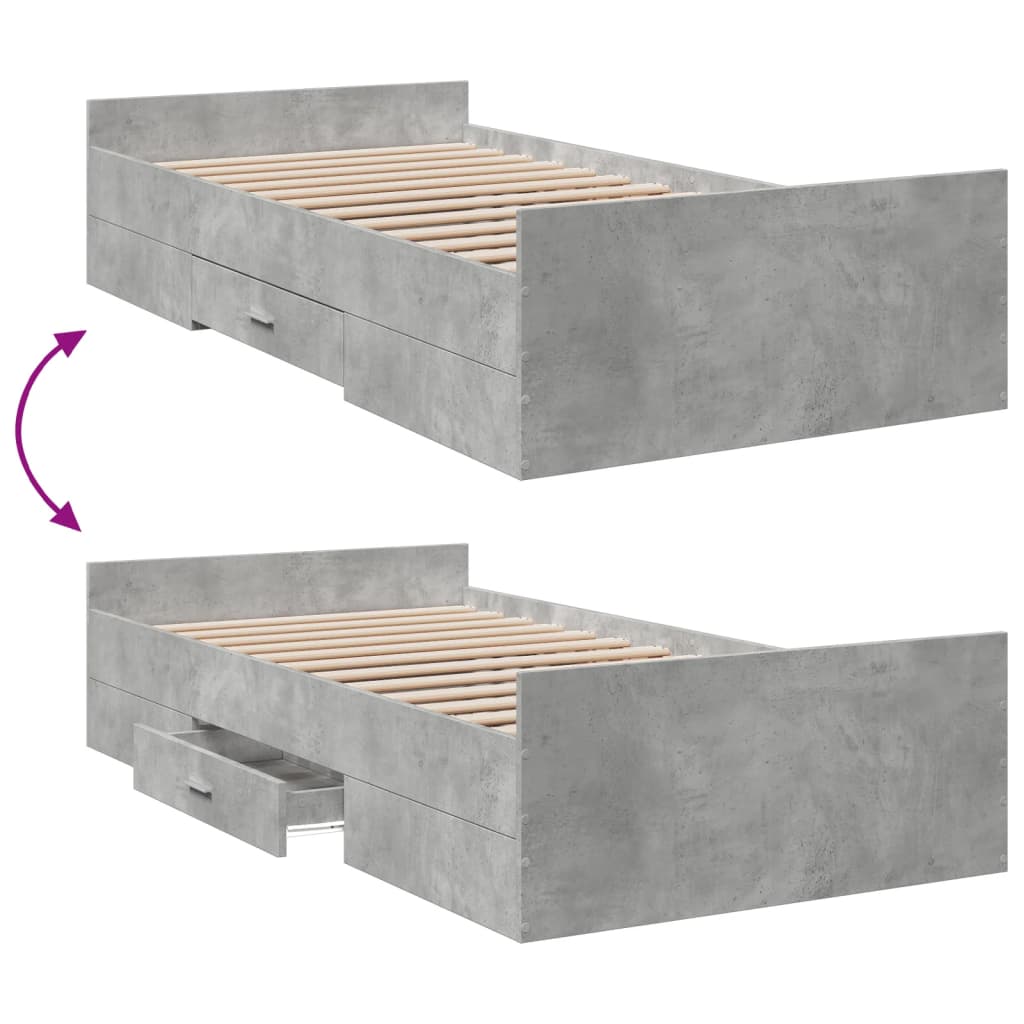 Bed Frame with Drawers Concrete Grey 75 x 190 cm Engineered Wood