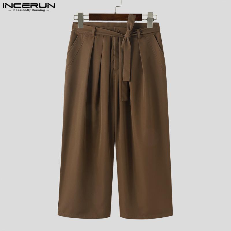 INCERUN Men Zipper Up Belted Wide Leg Trousers Casual Palazzo Pants