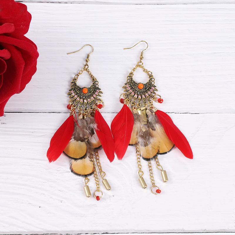 Handmade retro bohemian feather earrings dream catcher elements long fringed earrings temperament women's earrings