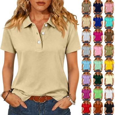 Women's Fashion Casual Button Down Short Sleeve Color Collared Blouse Top for Summer
