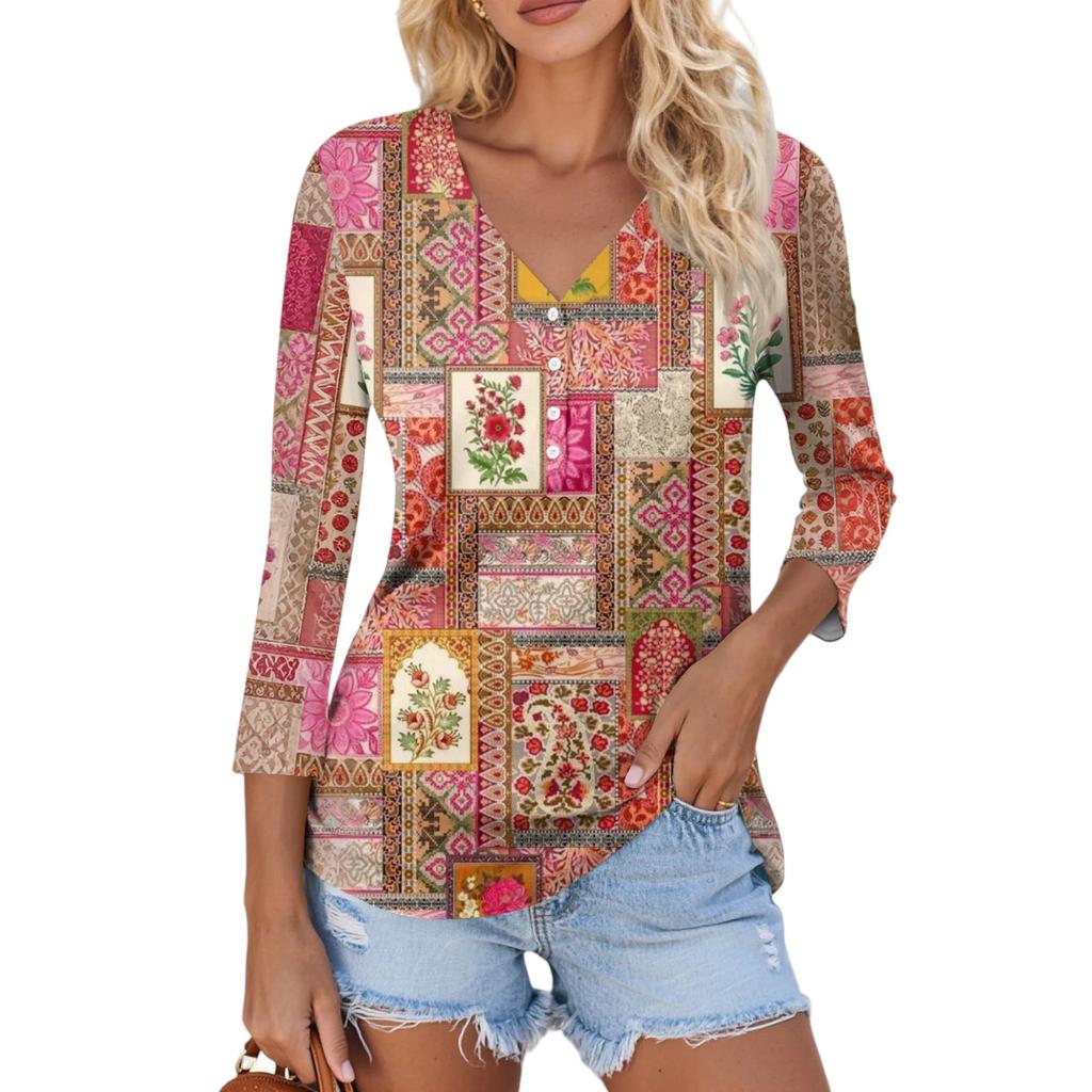 Damen Lässig Mode Sexy Bequem V-Ausschnitt Knopf Floral Dreiviertelarm Oberteil