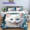 Beautiful White Long‑hair Cat Blue Wildflower Print 3 Pieces Duvet Cover Set Pet Animal Bedding Bedroom Home Decor Without Pillow Core Comforter