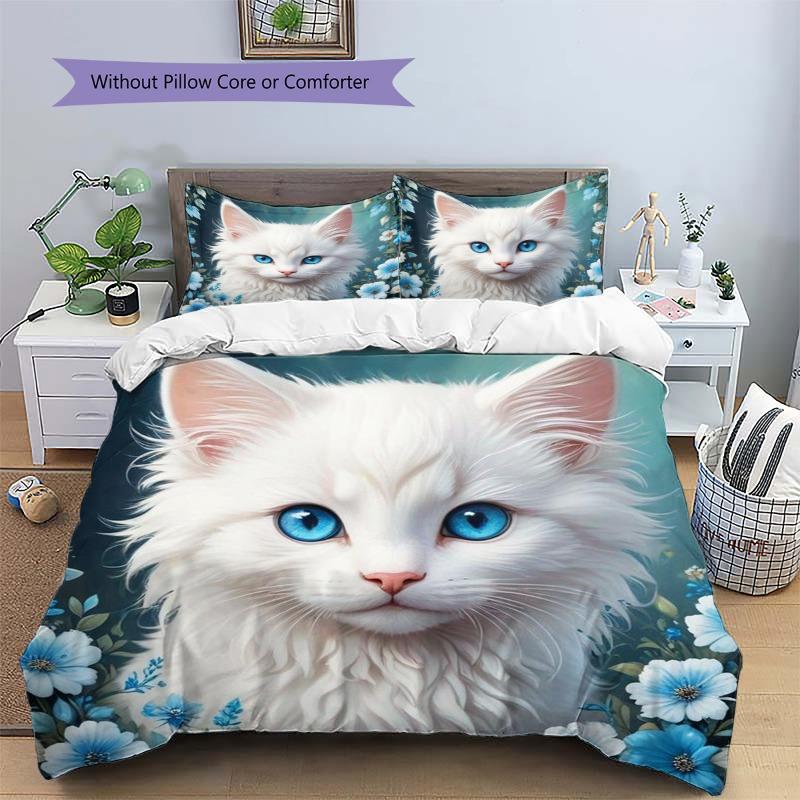 Beautiful White Long‑hair Cat Blue Wildflower Print 3 Pieces Duvet Cover Set Pet Animal Bedding Bedroom Home Decor Without Pillow Core Comforter