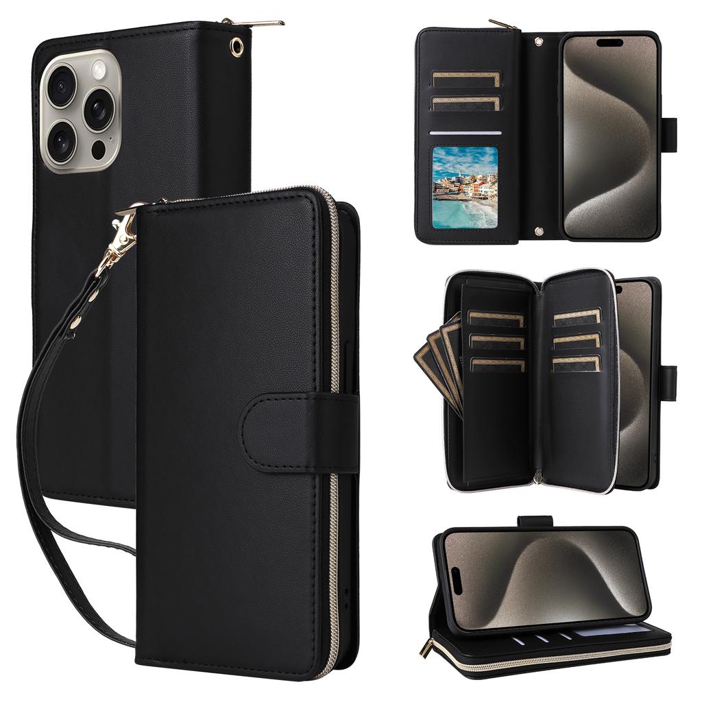 R20 For iPhone 15 Pro Case Zipper Pocket PU Leather Cover with 9 Card Slots