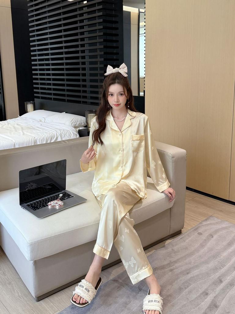 Pajamas Women's Spring and Autumn Ice Silk Long Sleeve Butterfly Jacquard Homewear Summer Thin Air Conditioning Clothing Set Autumn 1111