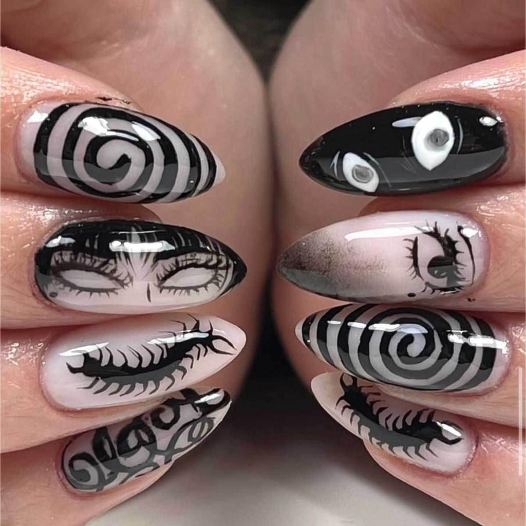 24PCS Gothic Anime Almond Press On Nails Sweet Cool Dark Comic Black Eye False Nails with Red Gyaru Nails Full Cover Wearable