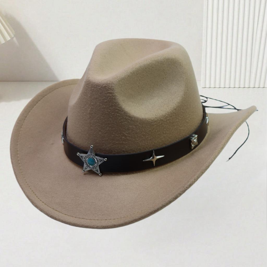 European and American Woolen Hat Women's Western Retro Cowboy Hat Men's Five-pointed Star Ethnic Style Decorative Flat Top Top Top Hat