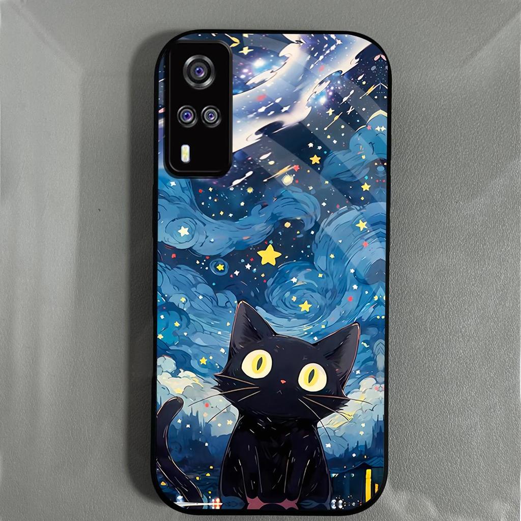 Case for Vivo Y53s 4G Y51 Y31 2020 Anime Black Cat Starry Cloud Print Phone Cover Acrylic Hard Back Shell With Flexible TPU Edge