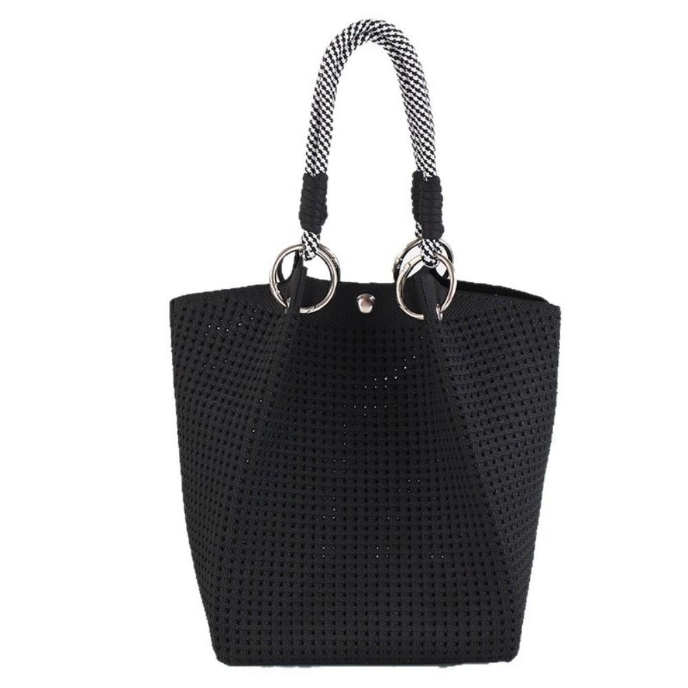 

Fashion Soild Color Knitted Bucket Bag Large Capacity Woven Ring Buckle Wrist Bag Handmade Handbag For Women Girls чёрный