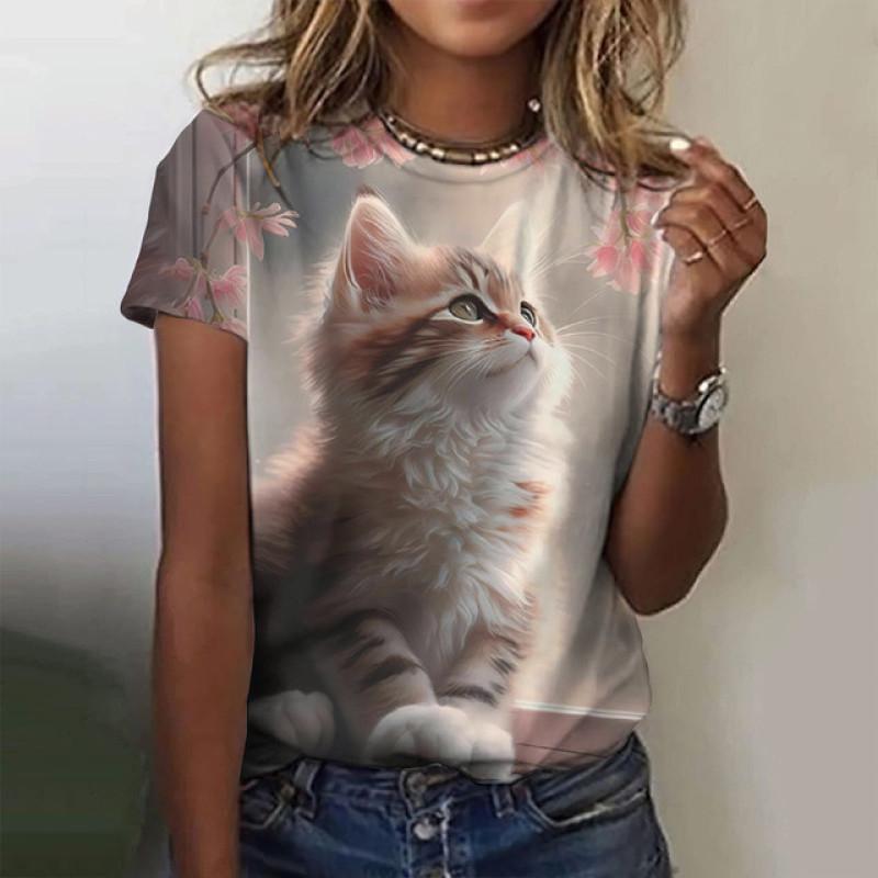 T-Shirt für Damen Sommer Niedlicher Katzen-Print O-Ausschnitt Klein Frisch Harajuku Lässig Pullover Gestreift Grafik Damen Streetwear Damen Oberteile