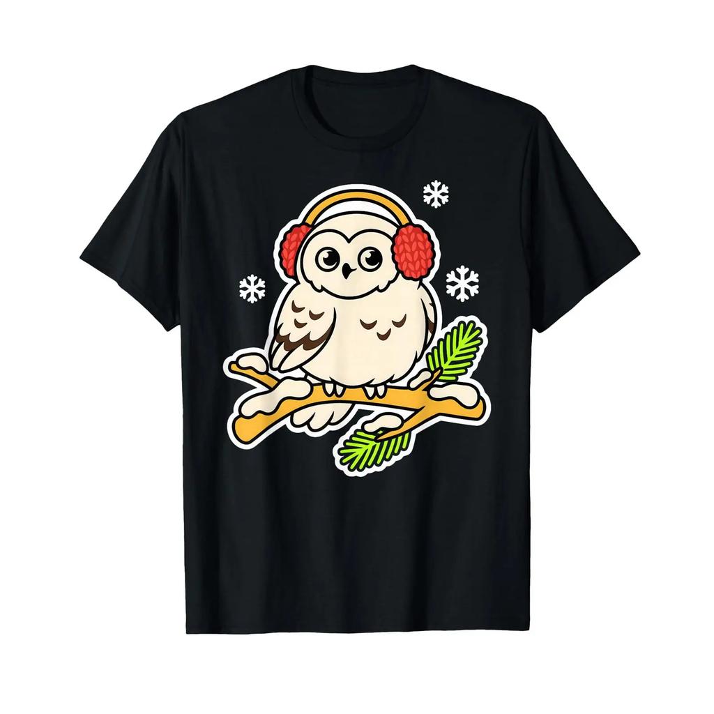 Snowy Owl Ear Muffs Winter Cute Lover Funny Bird Barn T Shirt Vintage Stretched Top For Everyday Wear Breathable Fashion