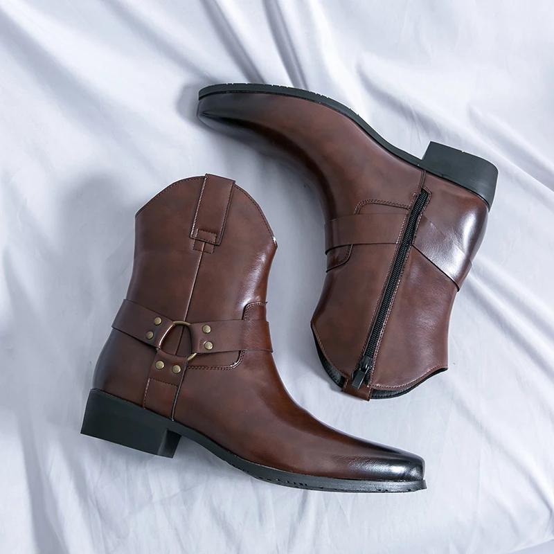 

Высококачественные мужские ботильоны Челси Повседневная кожаная обувь Классические западные ковбойские рыцарские ботинки Формальные ботинки на платформе для мужчин Botas 39 коричневый