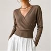 Women's Color Long Sleeve Cross Front Waist Tie Knit Top