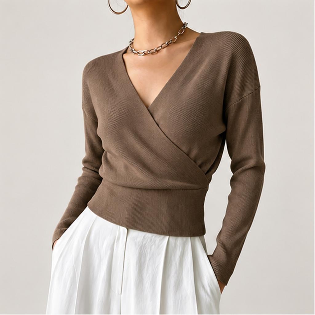 Women's Color Long Sleeve Cross Front Waist Tie Knit Top