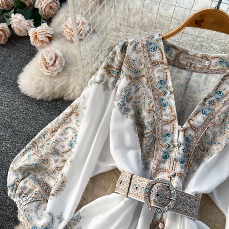 Court Style Retro Printing One Piece Dress Women V-neck Elegant Short Party Dresses Female French Belt High Waist Chic Dress Vacation