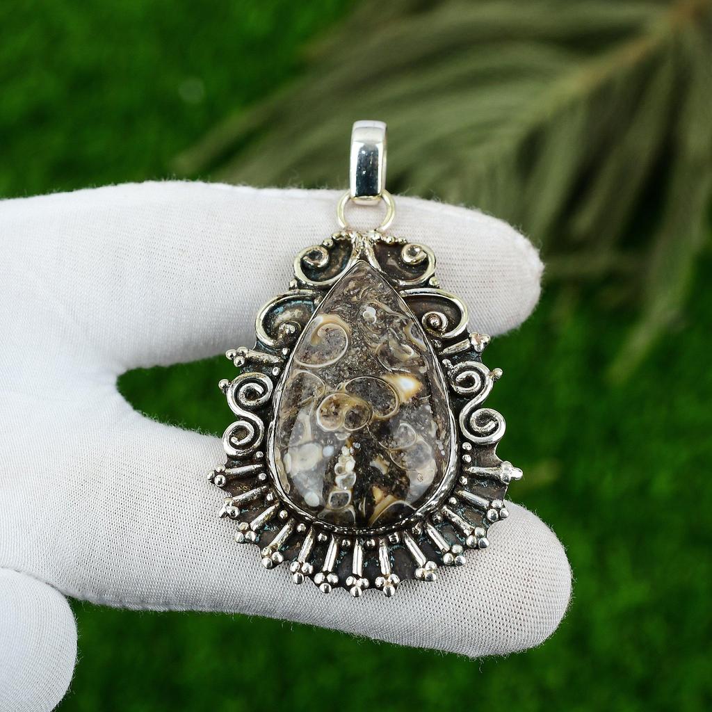 925 Sterling Silver Turritella Agate Gemstone Anniversary Bezel Unique Pendant