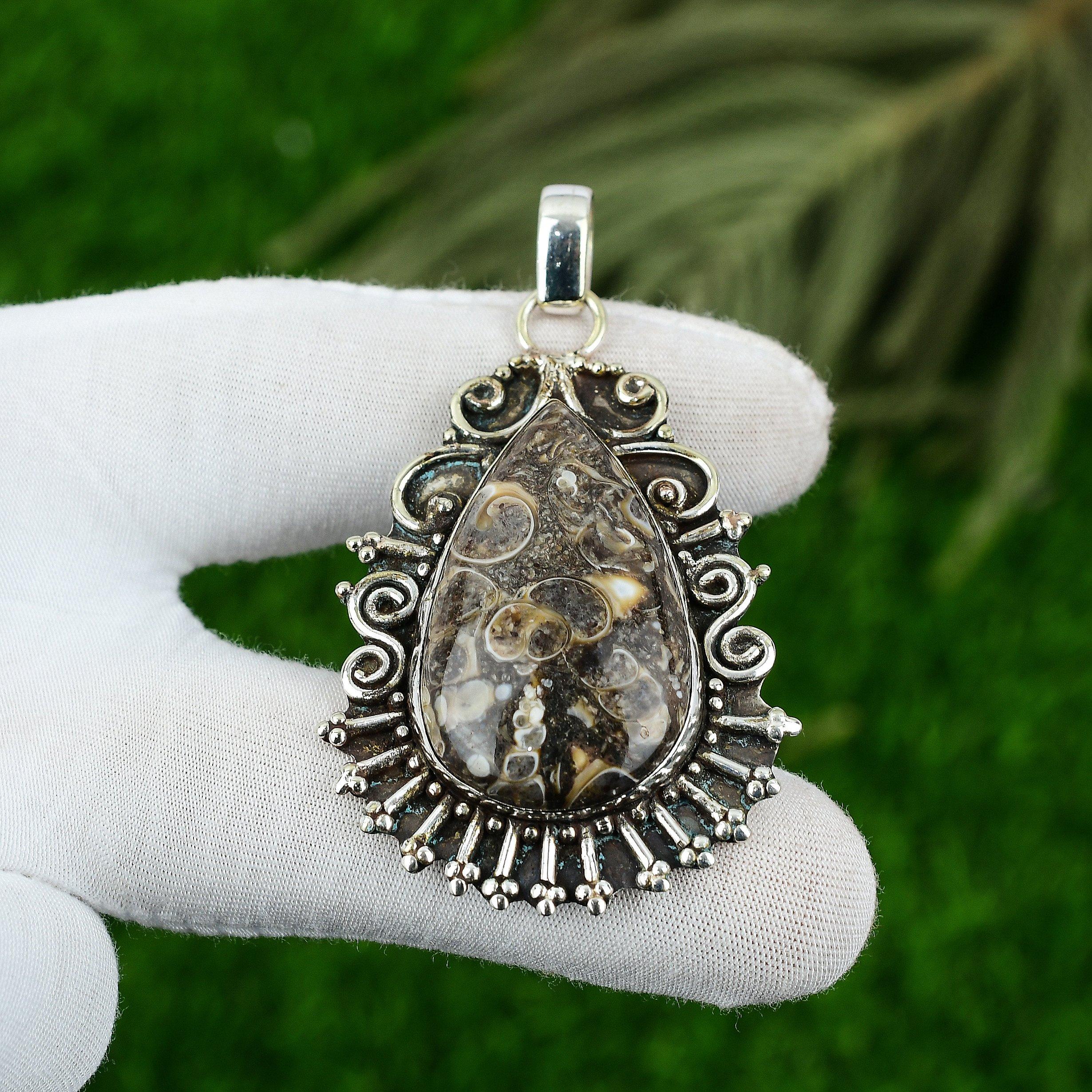 925 Sterling Silver Turritella Agate Gemstone Anniversary Bezel Unique Pendant