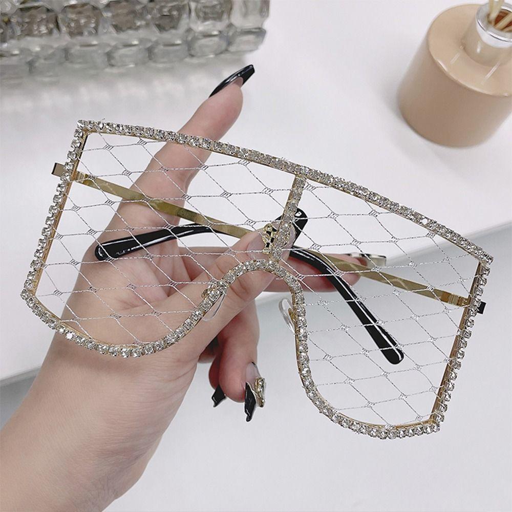 Vintage Oversized Rhinestone Mesh Glasses Colorful Diamond Sunglasses Hollow Out Glasses For Women