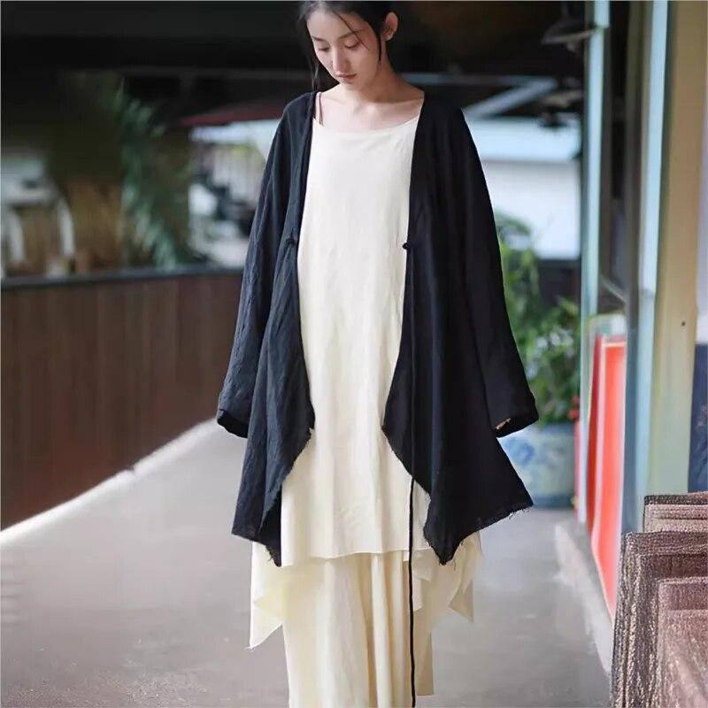 Johnature Woman Spring Loose Solid Color Vintage Coat Flared Sleeves V-Neck Retro Personality Coat