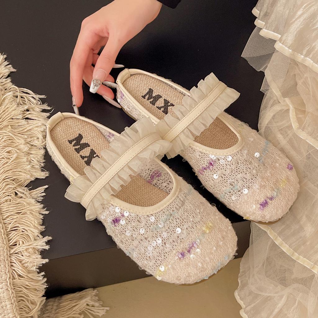 Baotou slippers sequined summer beach shoes flat-soled soft-soled slippers women's outer mesh breathable women's slippers