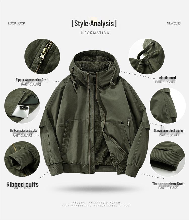 Herren Arbeitsjacke mit Kapuze aus reiner Baumwolle, Herbst/Winter, mit Samtfutter, Verdickt, Lockerer Schnitt, Übergröße, Stil 6836.