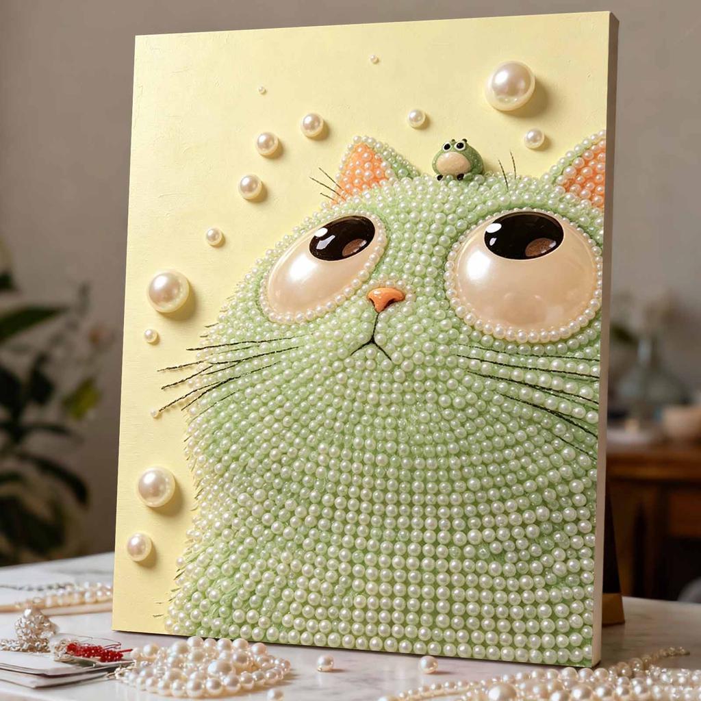 Easy DIY Framed Pearl Bead Painting Kit with Green Cat and Frog 3D Sparkling Canvas Art for Home Decoration Creative Gift Idea Handmade