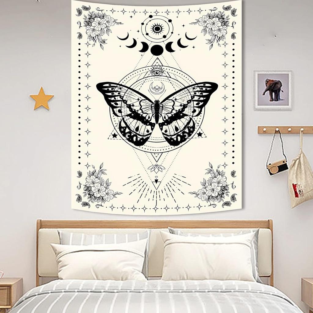 Avinyl Black and White Butterfly Tapestry for Bedroom Vintage Flower Large Moon Tapestries Wall Hanging Cute Tarot Poster for