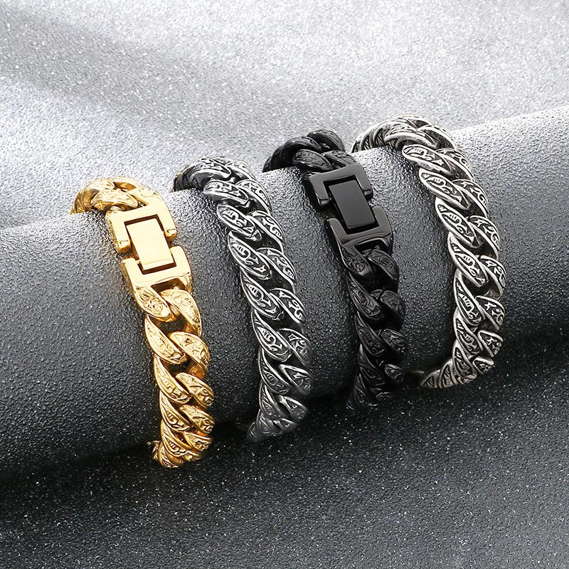Hip Hop Stainless Steel Cuban Link Bracelet for Men Vintage Pattern Trendy Party Accessory Thick Charms Jewelry Gift for Party
