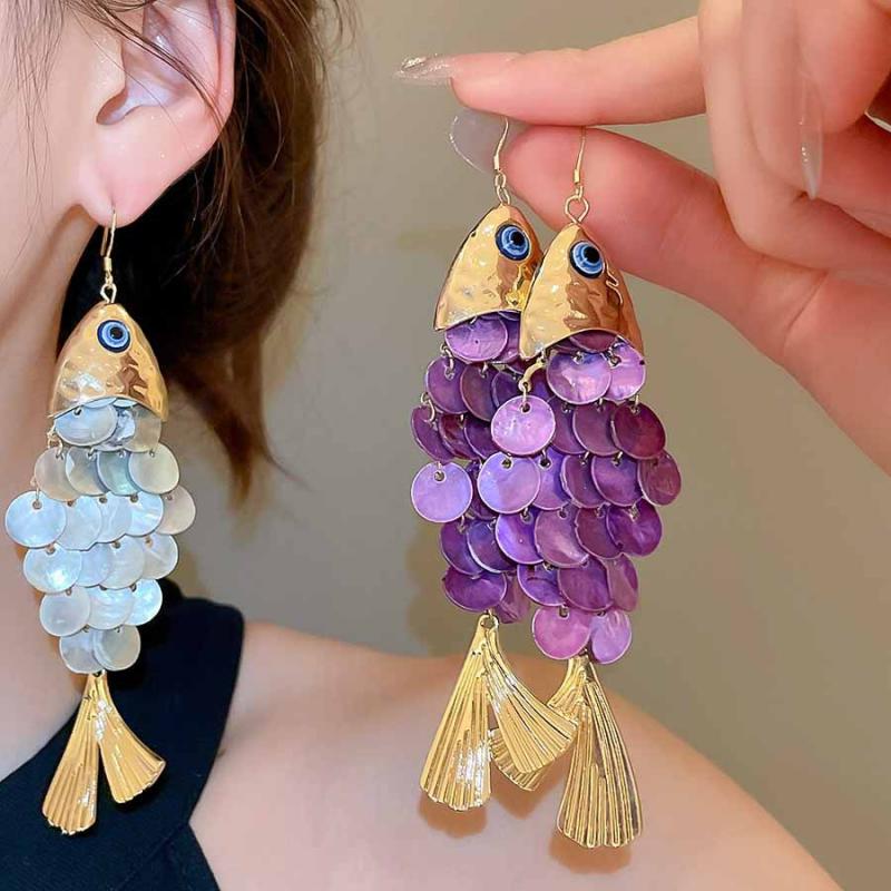Exquisite Small Fish Dangle Earrings for Women Exaggerated Purple Shell Long Tassel Earrings Autumn Holiday Jewelry Accessories