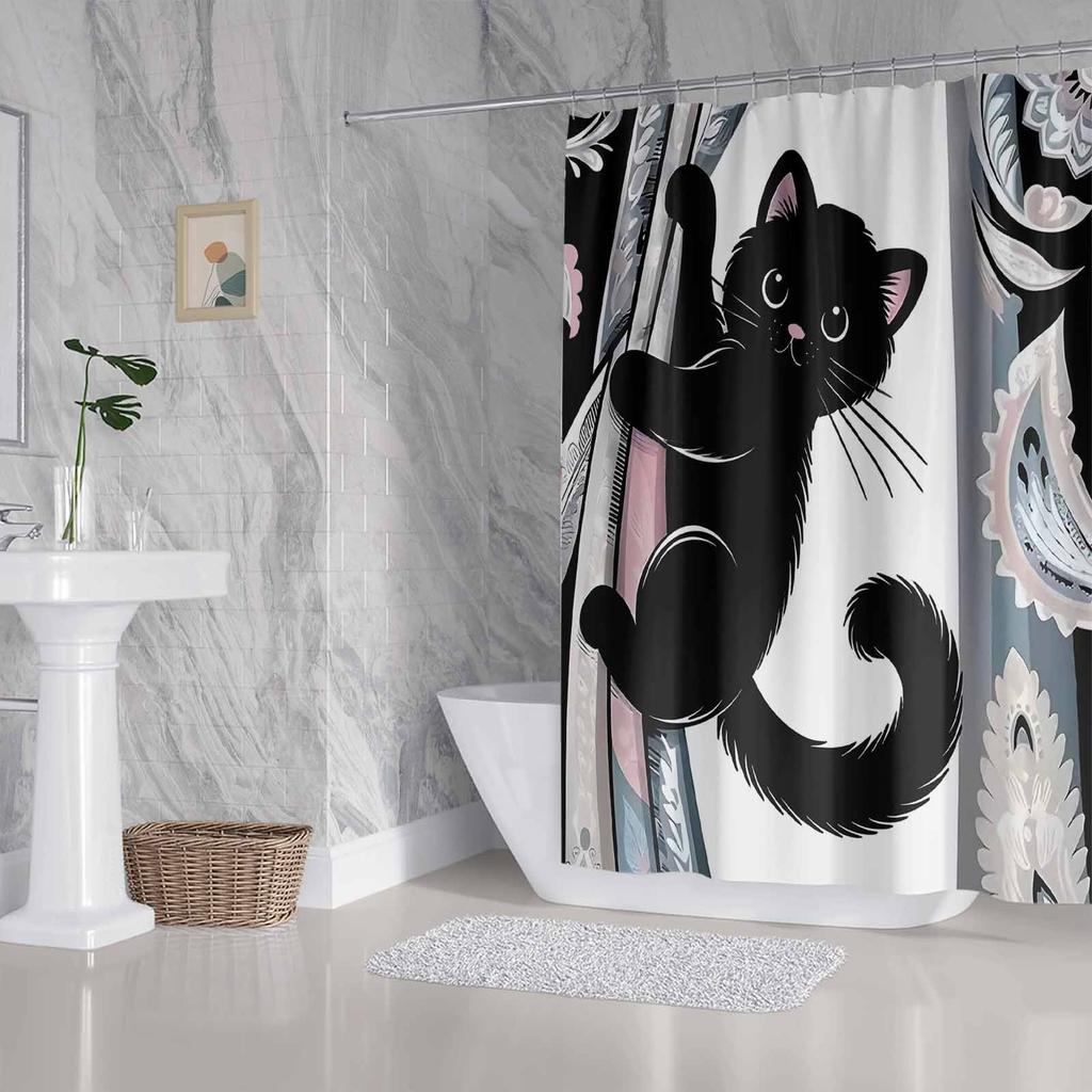 VIKAMA Cartoon Black Cat Climbing Shower Curtain Modern Minimalist Bathroom Fresh, Cozy, and Adorable Pet Vibes Machine Washable