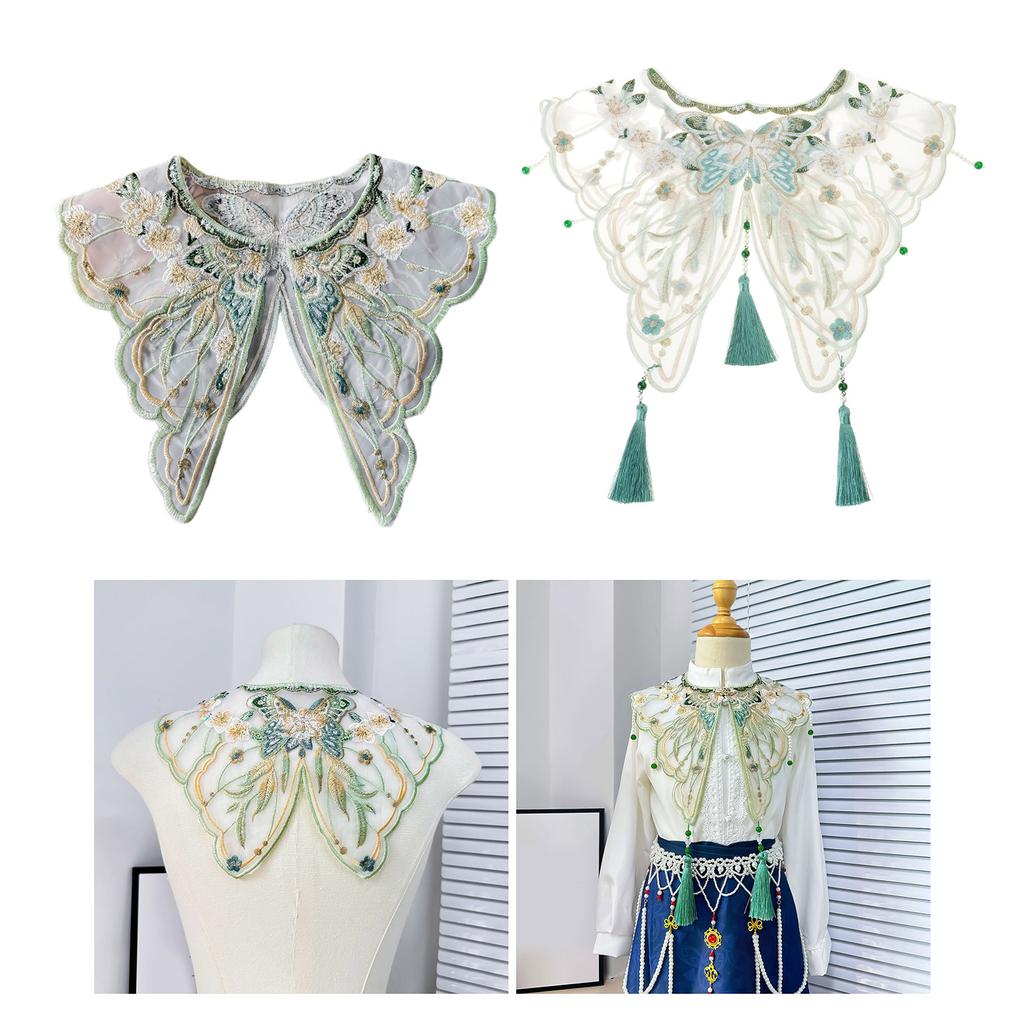 Vintage Dress Detachable False Collar Pearl Tassels Yunjian Shawl Scarf Chinese Embroidered Butterfly Flower Capelet