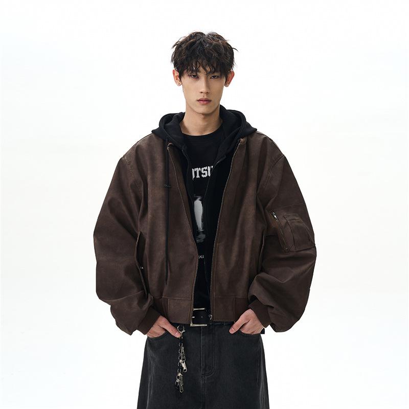 Herren Retro Zweiteilige Leder Fliegerjacke - Cleanfit Scheunenstil Locker Arbeitskleidung