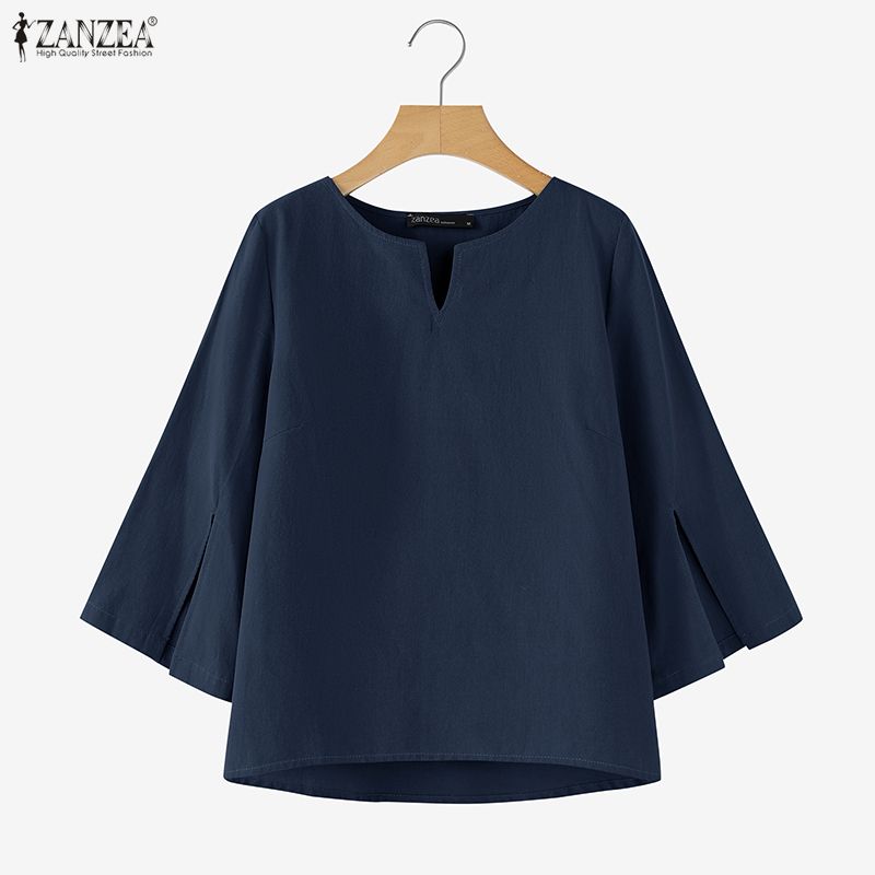 ZANZEA Women Casual V-neck Solid Color Loose 3/4 Sleeve Cotton Blouse