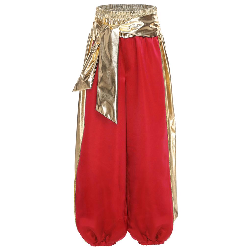 Boys Arab Prince Cosplay Costume 2Pcs: Loose Vest & Metallic Shiny Patchwork Bloomers Harem Pants Outfit for Halloween Party